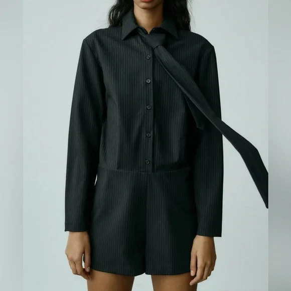 Zara Black Pinstriped Short Jumpsuit Romper Business Casual - Picture 2 of 7